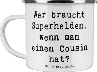 Produktbild von Mr. & Mrs. Panda Camping Emaille Tasse Spruch Cousin Held - Weiß - Geschenk, Verwandtschaft, Cousins, Kaffeepott, Verwandte, Haferl, Becher, Cousine, Pott, Helden