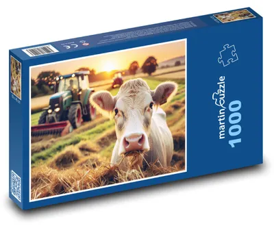 Produktbild von Puzzle 1000 Kuh und Traktor auf dem Feld - martinpuzzle
