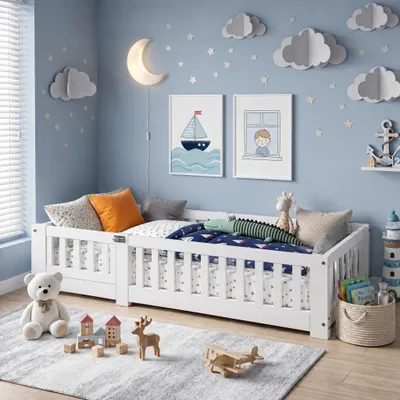 Produktbild von INONEFT Kinderbett 120x200 cm, Bodenbett für Kinder mit Lattenrost und Rausfallschutz, BabyEinzelbett mit Lattenrost, Kiefernholz Bettgestell Babybett