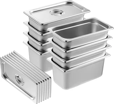Obrázok produktu pre SucceBuy 8-pack hotelových panvíc, parná panvica s pokrievkou, veľkosť 1/3, hrúbka 0,8 mm z nehrdzavejúcej ocele, 6 palcov hlboká panvica na skladovanie potravín, na komerčné a priemyselné použitie
