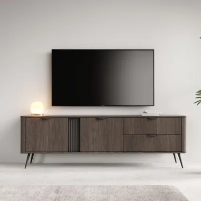 Productafbeelding van TV-meubel Fernsehtisch TERZO 195, eikenhout, donkerbruin, geribbelde voorkant, Japandi-stijl