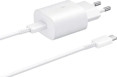 A white Samsung fast charger with a USB-C cable, presented on a white background.