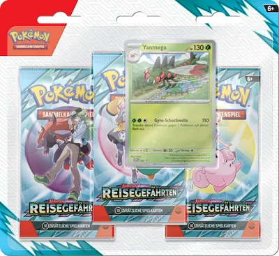 A product shot of a Pokémon trading card game blister pack containing booster packs and a special card.
