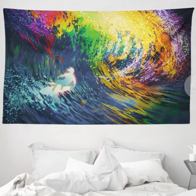 Produktbild von ABAKUHAUS Ozean Wandteppich, Exotische Surfer auf Wellen aus Weiches Mikrofaser Stoff Waschbar ohne Verblassen Digitaldruck, 230 x 140 cm, Mehrfarbig