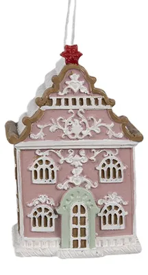 Obrázok produktu pre Clayre & Eef Vianočná visačka perníková chalúpka 6x4x9 cm ružová polyresin