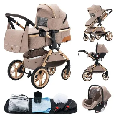 Zdjęcie produktu dla Wózek dziecięcy 3 w 1 - składany i regulowany - z wytrzymałą, aluminiową konstrukcją - kolor khaki