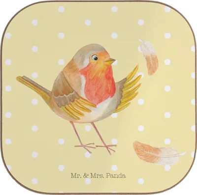 Produktbild von Mr. & Mrs. Panda Untersetzer für Gläser Rotkehlchen Federn - Gelb Pastell - Geschenk, Tischuntersetzer, fliegen, Coaster, Lustige Sprüche, Vogel, Holzuntersetzer