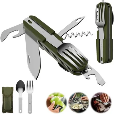 Tragbares 7-in-1 Besteckset aus Edelstahl für Camping, Survival und Reisen - Klappmesser, Gabel, Löffel und Korkenzieher mit