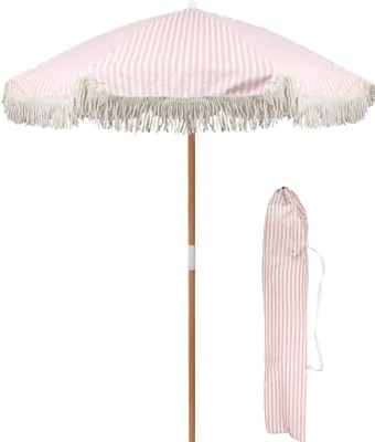 Produktbild von Gartensonnenschirm aus Holz mit Quastenfransen, tragbarer, freistehender Sonnenschirm mit Tragetasche – 1,4 m – pastellrosa gestreift