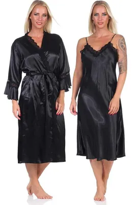 Produktbild von Damen 2 Teiler Kimono Negligé Nachtmantel Satinrobe mit Spitze; Schwarz/L/40