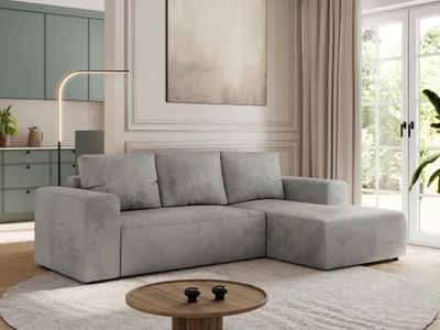 Produktbild von MKS MEBLE Sofa mit Schlaffunktion - Ecksofa mit Schlaffunktion und Bettkasten - Sofa 3 Sitzer - Schlafsofa - Couch - Schlafsofa mit Bettkasten - Trentino L - Hellgrau Velvet - Rechts