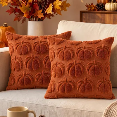 Productafbeelding van Kussenslopen, herfstdecoratie, 45x45 cm, pluche pompoen, 2 stuks, caramelkleur