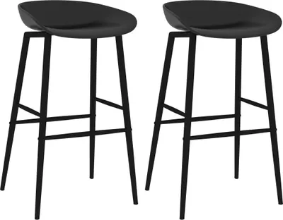 Two black bar stools are shown against a white background.