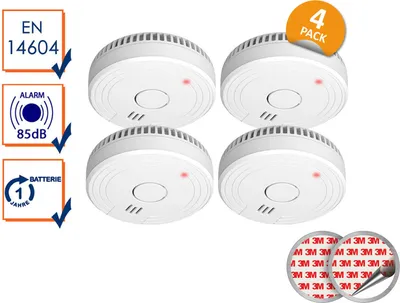 A set of four smoke detectors is displayed against a white background, with informational icons and text on the left.