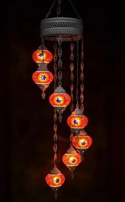Produktbild von Hanglamp aus Glas mit buntem Mosaik, orientalische Kroonluchter, cremeweiß, 7 Glaskugeln, handgefertigt in der Türkei