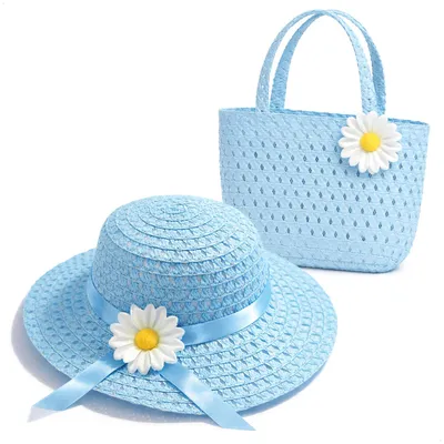 Productafbeelding van com-four® Zomerhoed voor meisjes met tas – Strohoedenset voor kinderen met bloem