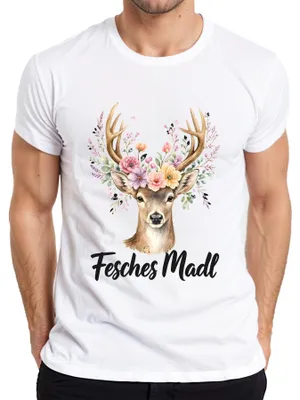 Immagine prodotto di Maglietta da uomo in pelle, stile tradizionale bavarese, con motivo di cervo e corna di fiore, bianca, taglia 3XL