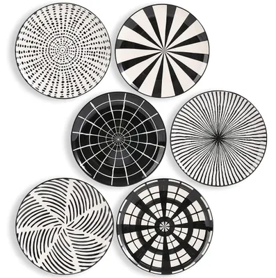 6er-Set Porzellanteller, 20,3 cm, schwarz, geometrisch, spülmaschinengeeignet