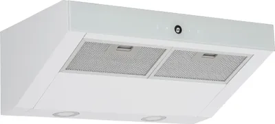 A white under-cabinet range hood with a glass top and metal filters.