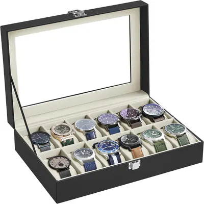 Produktbild von Uhrenbox mit 12 Fächern, Uhrenkasten, Glasdeckel, Uhrenkoffer, herausnehmbare Uhrenkissen, Metallverschluss, Geschenkidee, PolyurethanBezug in Schwarz