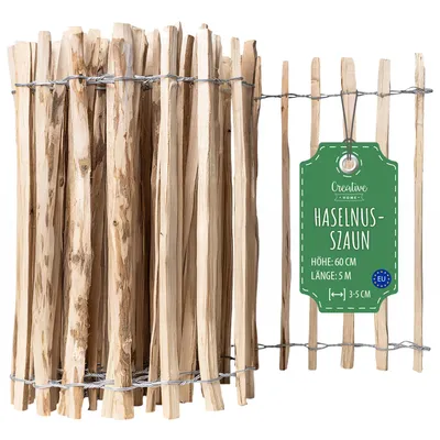 Zdjęcie produktu dla Creative Home Płot Leszczynowy Sztachetowy | 60 cm Wysokości i 5 m Długości | Płotek Rolowany | Rozstaw Listewek 3-5 cm | Idealny jako Obrzeże do Kwiatów | Ogrodowy Płotek z Drewna Orzechowego