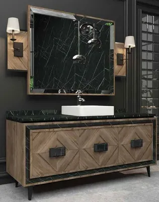 Produktbild von Casa Padrino Luxus Badezimmer Set Braun / Schwarz / Weiß - 1 Waschtisch mit 3 Türen und 1 Waschbecken und 1 Wandspiegel - Luxus Badezimmermöbel