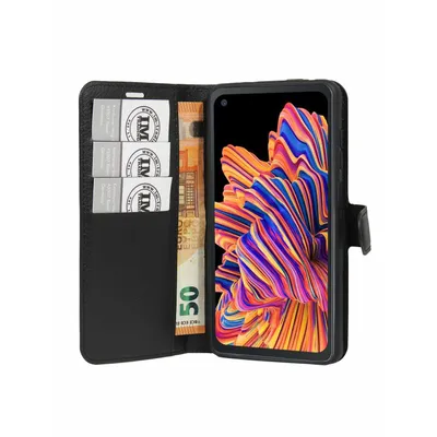 A black wallet-style phone case is open, showing cards and cash on one side and a smartphone with a colorful abstract wallpaper on the other.