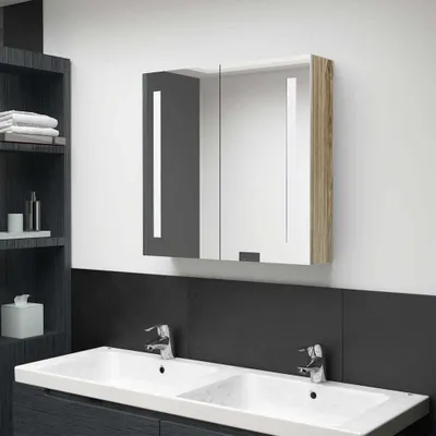A modern bathroom vanity with a medicine cabinet above two sinks.