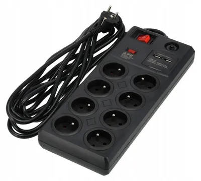 Obrázek produktu pro Schmith zásuvková lišta, 10 zásuvek, 5 metrů kabelu, s USB porty a vypínačem