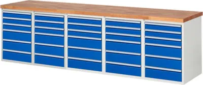 Produktbild von Werkbank mit 30 Schubladen - Teilauszug - 90:15 / 150:15 - 890 x 3.000 x 700 mm (HxBxT) - Traglast 1.000 kg - Buche