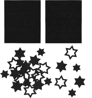 A collection of black star-shaped cutouts, some solid and some with hollow centers, arranged on a white background.