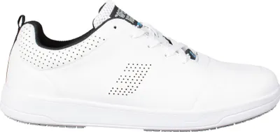 A side view of a white Safety Jogger shoe against a white background.