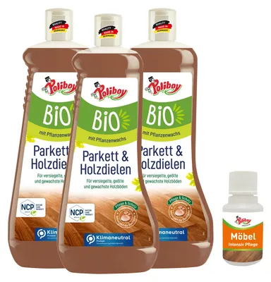 Produktbild von Poliboy Parkett & Holzdielen Pflege 3x1L mit Möbel Probe - Reinigung und Pflege für Holzböden - Vegan - 9A4901