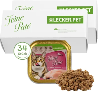 Produktbild von 34 x 100 g Lecker.Pet® Leo's Feine Paté Reich an Huhn Katzenfutter Nassfutter Vollnahrung