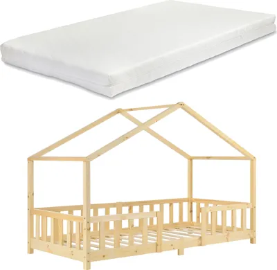 Obrázok produktu pre Detská posteľ "Treviolo" s matracom a ochranou proti vypadnutiu 90x200cm prírodné drevo