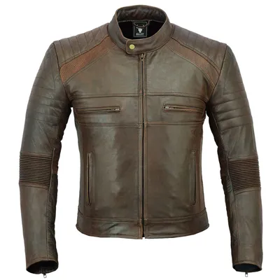 Vintage Herren-Motorradlederjacke GW426J in Braun aus feinstem Rindsleder, Vorderansicht. Mit vier Fronttaschen mit Reißverschluss & Stehkragen. Hochwertige Verarbeitung vereint Funktionalität, Langlebigkeit & klassischen Biker-Stil.
