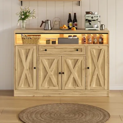 Produktbild von Merax Küchenschrank Sideboard mit 4 Scheunentüren und Schublade, Kommode mit LED-Beleuchtung, Wohnzimmerschrank mit X-förmige Fronten aus MDF, Natur