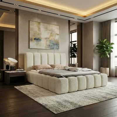 Produktbild von LUXKOR24 Polsterbett VELORA 160x200cm mit Bettkasten & Metallgestell - Bouclé Stoff  BEIGE CORAL