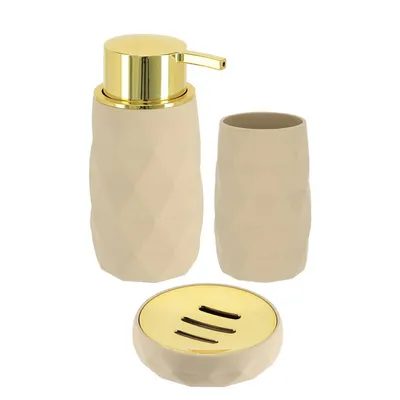 Obrázek produktu pro Tendance sada koupelnových doplňků 3-dílná dávkovač mýdla miska na zubní kartáčky béžovo-zlatý plast 6,5x6,5x14,5 cm
