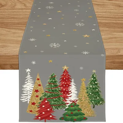 Obrázek produktu pro Běžící ubrus na Vánoce, 40x180 cm, šedý, s motivem vánočních stromků a sněhových vloček