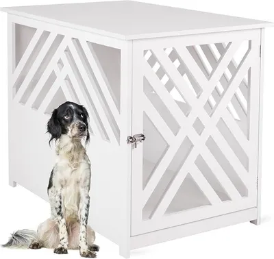 Produktbild von Design Hundekäfig aus Holz für Zuhause Wohnung mit Beistelltisch, Hundebox fürs Wohnzimmer Indoor, 90x60 cm weiß