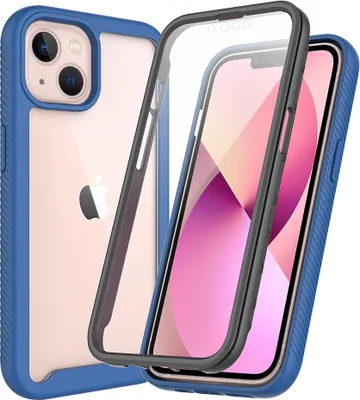 A blue iPhone 13 Mini case with a clear back and a separate clear screen protector is shown against a white background.