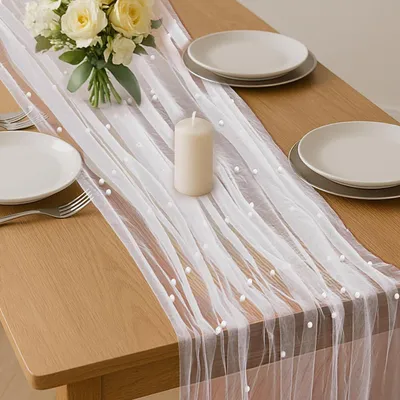 Produktbild von Tischläufer Tüll mit Perlen 75 x 300 cm Weiß für Hochzeit & Feiern