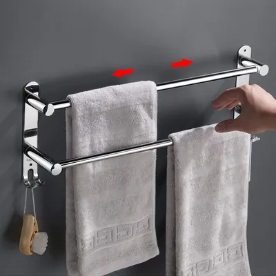 Productafbeelding van Uittrekbare handdoekhouder, 43-78 cm, roestvrij staal, zonder boren, handdoekrek voor aan de muur, wandplank, geschikt voor badkamer en keuken, handdoekhouder (zilver, 2 lagen)