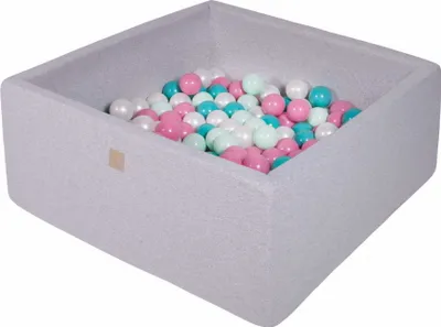 Produktbild von MeowBaby® Quadrat Bällebad für Babys 90x90x40cm/300 Bällen 7cm Kinder Bällepool, Baumwolle, Hellgrau: Perlweiß/Hellrosa/Türkis/Mint