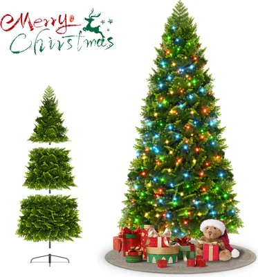 Produktbild von UISEBRT 180cm Künstlicher LED Weihnachtsbaum mit bunten Lichtern, Tannenbaum mit Metallbasis, ideal als festlicher Dekobaum, mit dimmbarer Beleuchtung