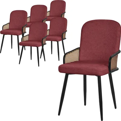 Immagine prodotto di ML-Design set di 6 sedie da pranzo in tessuto rosso con braccioli in rattan Sedie imbottite con gambe in metallo Poltrona ergonomica