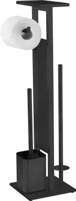A black toilet brush and toilet paper holder stand.