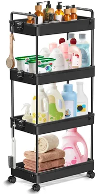 Image de Chariot de rangement / Chariot à roulettes - Modèle étroit, 4 niveaux - Roulettes pivotantes à 360° - Plastique et métal - Pour la cuisine / la salle de bains - Modèle sur pied