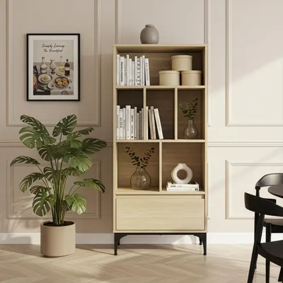 Immagine prodotto di Libreria 'Kistiandi' 137 x 60 x 35 cm con 6 ripiani e 1 cassetto, effetto rovere scuro